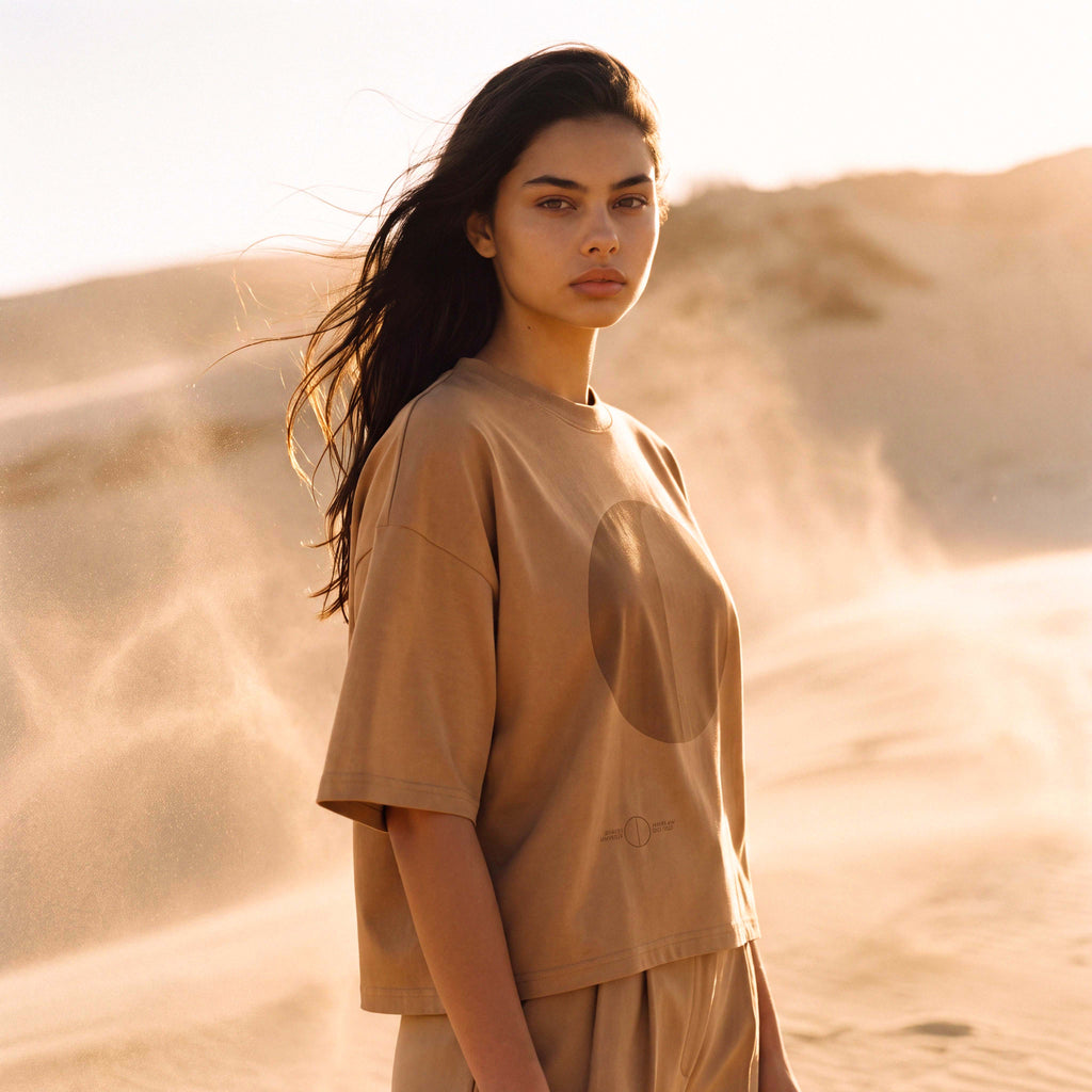 SANDI sand cotton tee worn loose through the body – Oldest Daughter, Byron Bay