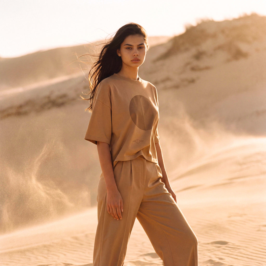 Back view of the SANDI boxy tee in sand recycled and organic cotton – Oldest Daughter, Byron Bay