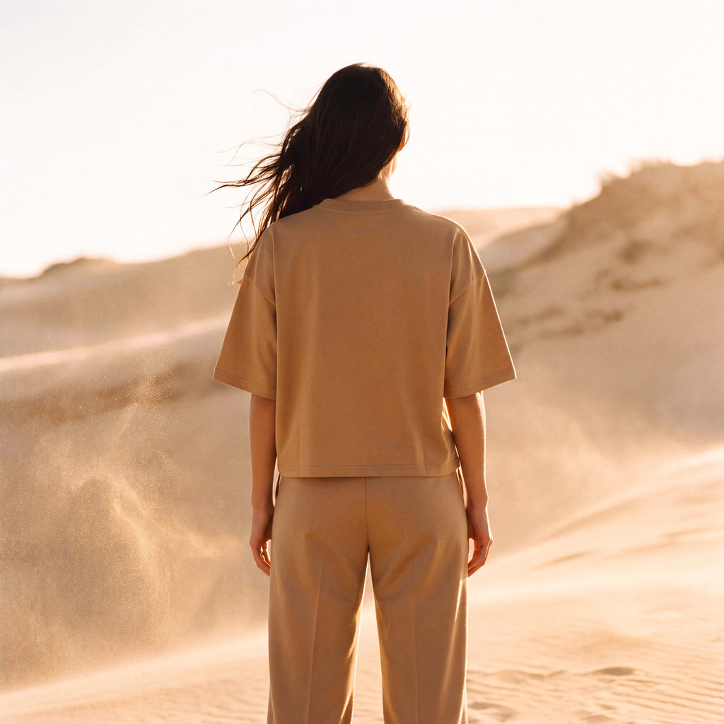 Full-length shot of a model in the SANDI oversized boxy tee – Oldest Daughter, Byron Bay