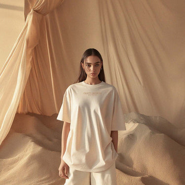 'Shifting Sands' certified organic oversized boyfriend tee – wet sand (unisex) by Oldest Daughter
