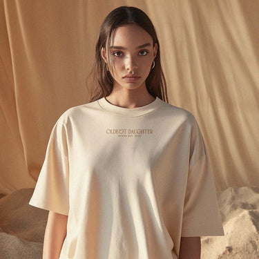 'Shifting Sands' certified organic oversized boyfriend tee – wet sand (unisex) by Oldest Daughter