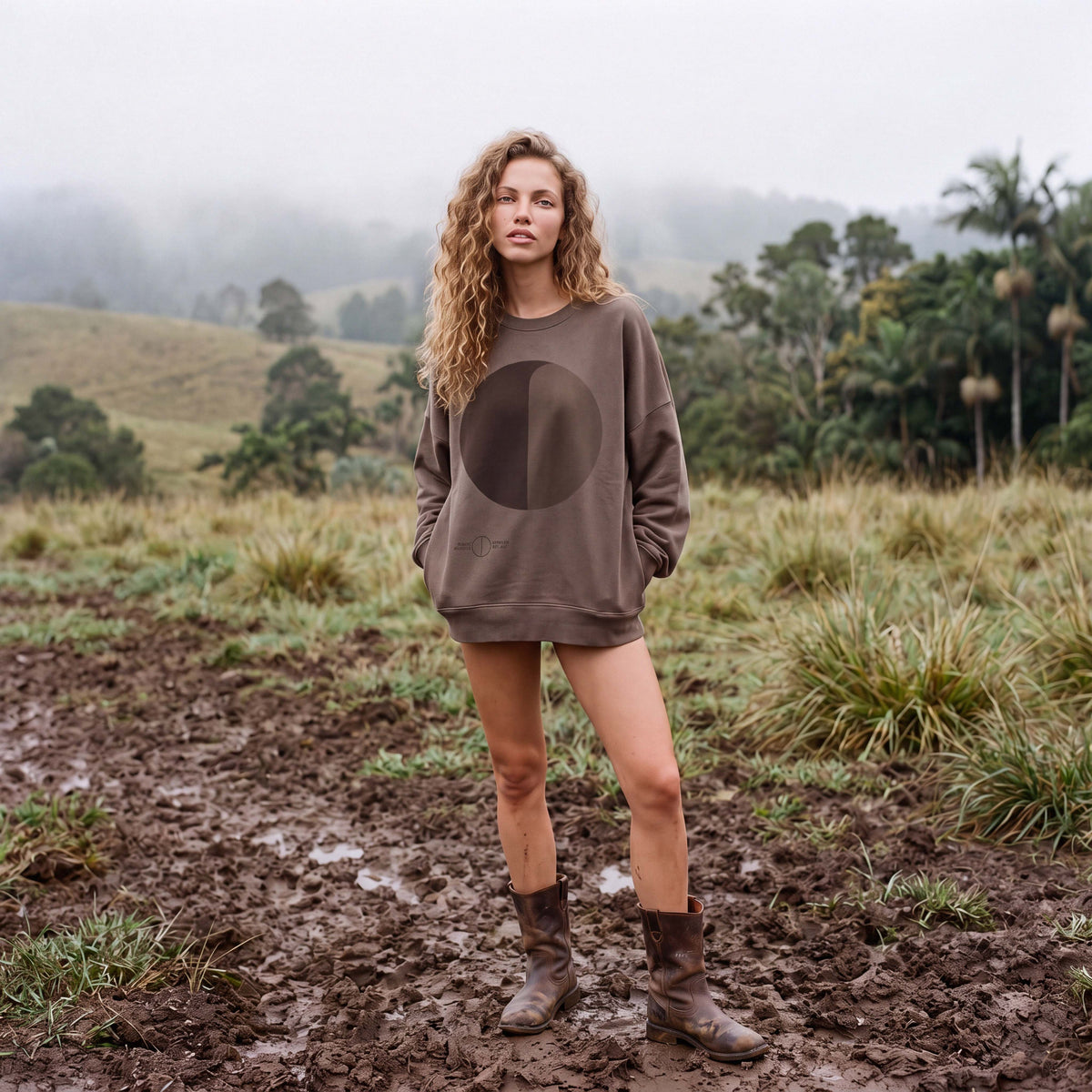 Woman wearing the WILLOW boxy organic cotton jumper in mocha