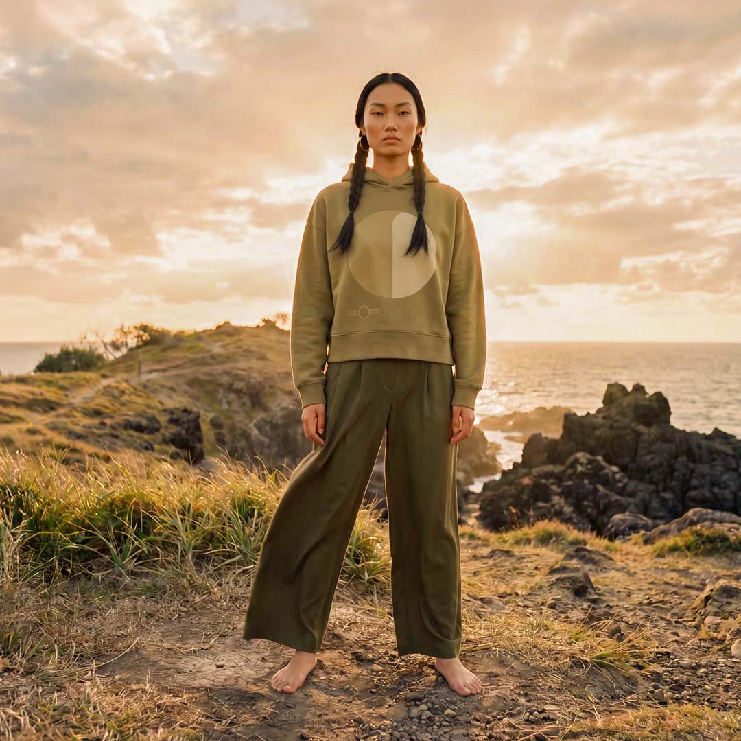 YARA extra-oversized boyfriend hoodie in faded olive organic cotton – Oldest Daughter, Byron Bay