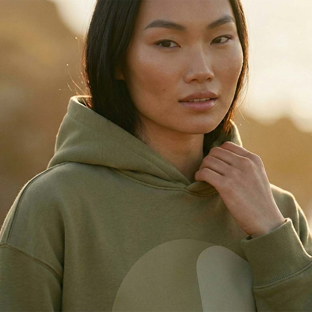 YARA oversized organic cotton hoodie in faded olive, full-length editorial – Oldest Daughter