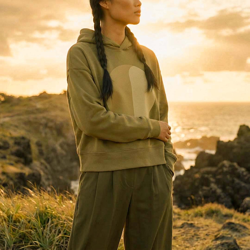 Full-length look at the extra-oversized YARA organic cotton hoodie in faded olive – Oldest Daughter