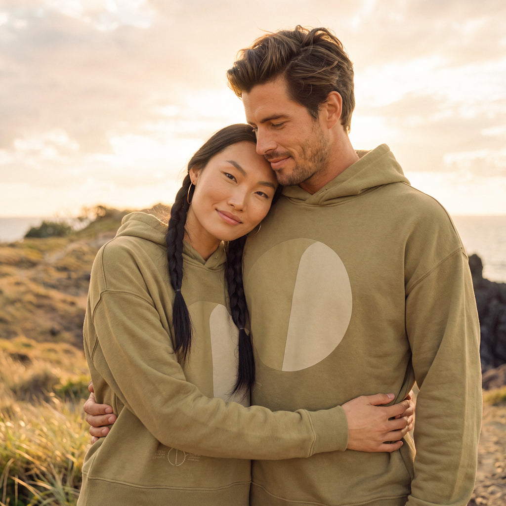 Front view of the faded olive YARA organic and recycled cotton hoodie – Oldest Daughter