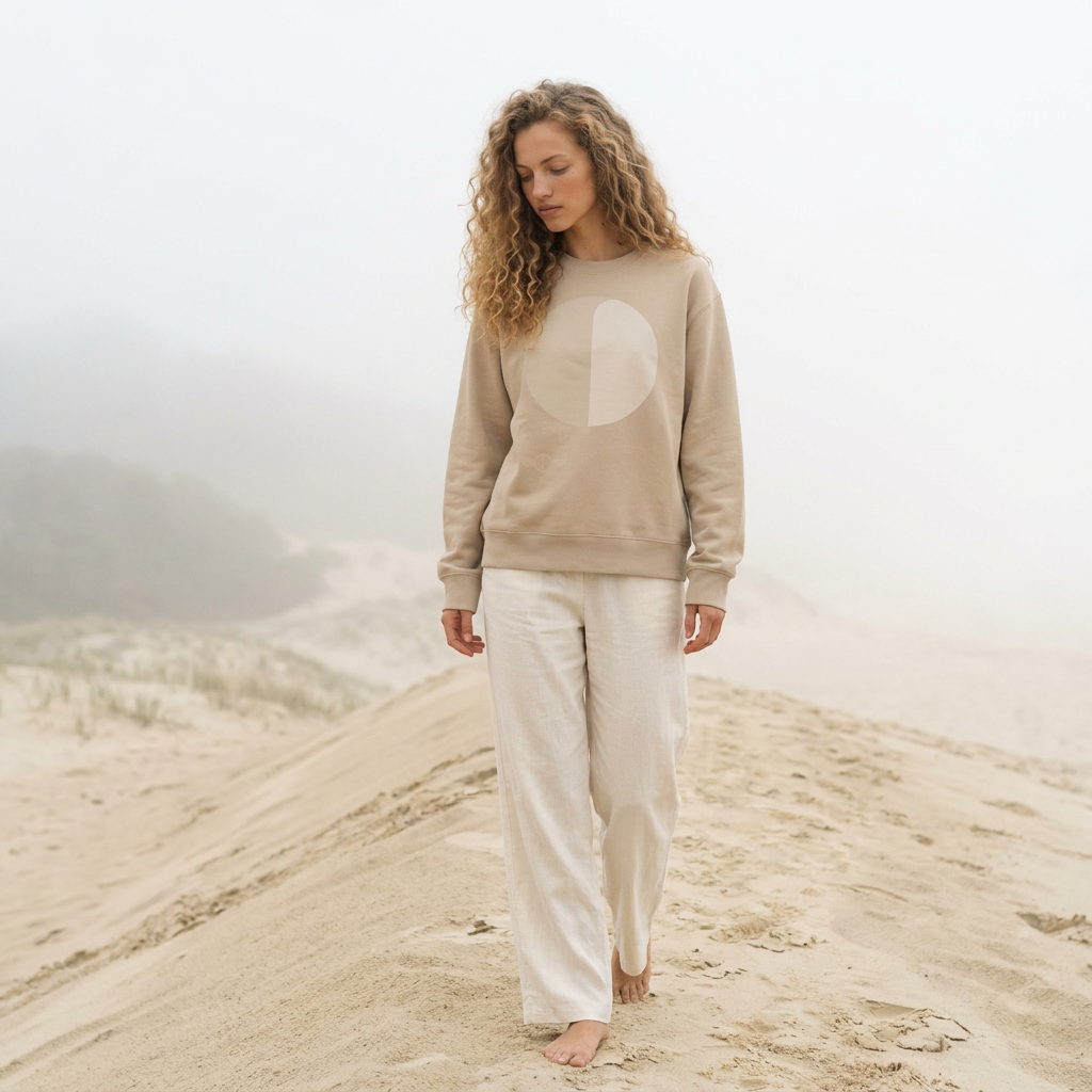 ELLA organic cotton jumper in warm sand, chest emblem detail – Oldest Daughter